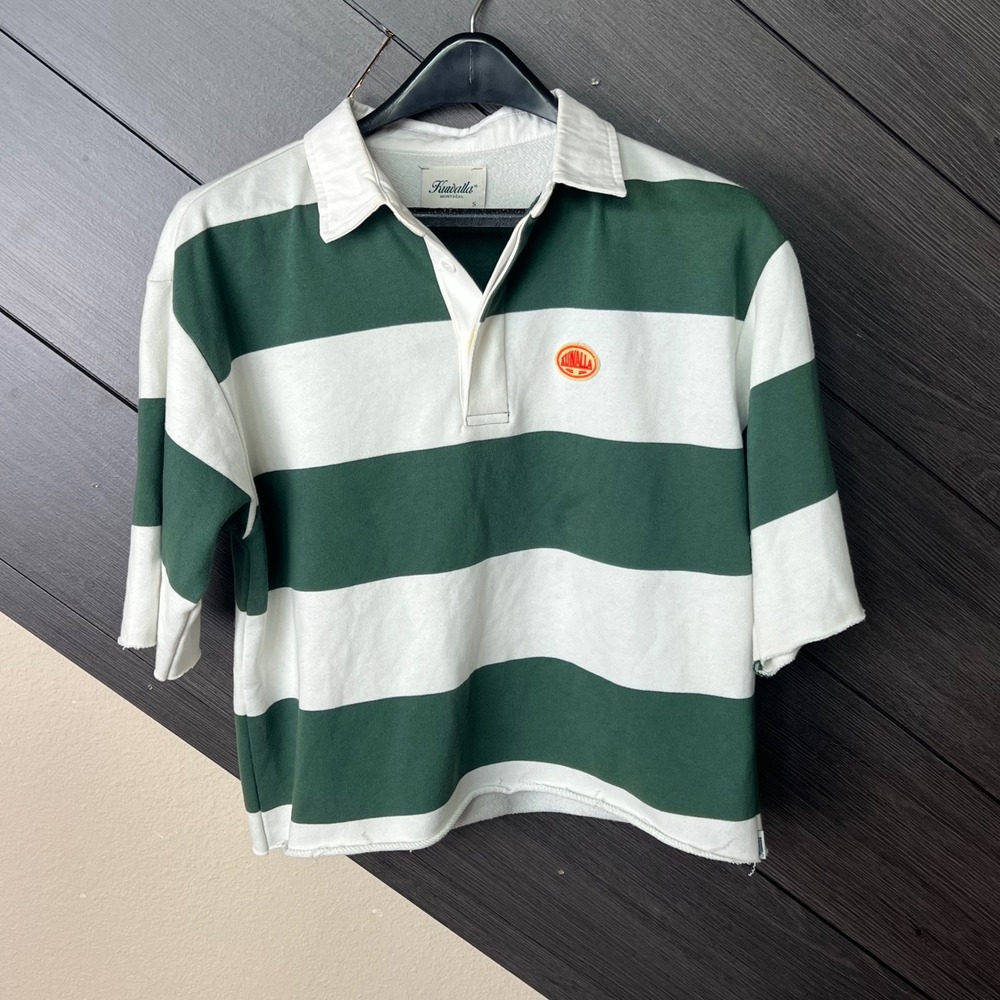 Kuwalla Montreal Women's Cropped Rugby Polo Shirt Green White Striped S Preppy